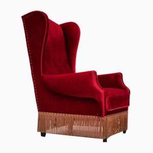 Danish Wingback Armchair in Velour with Oak Legs, 1960s