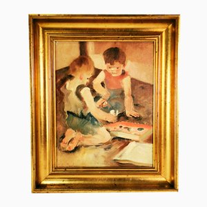 Carl Gustav Ludvig Jacobsen, Escena con niños, siglo XX, óleo sobre lienzo, enmarcado