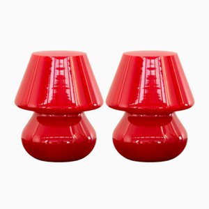 Lámparas italianas vintage en forma de hongo rojo de cristal de Murano. Juego de 2