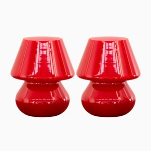 Vintage Italian Red Mushroom Lamps in Murano Glass, Set of 2