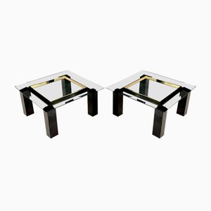 Square Black-Coated Brass Side Tables with Glass Table Tops, Set of 2