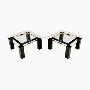 Tables d'Appoint Carrées en Laiton Noir avec Plateaux en Verre, Set de 2