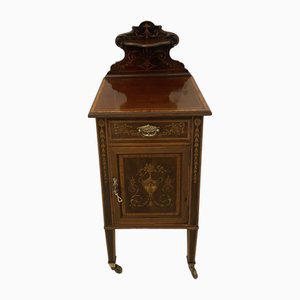 Antique Victorian Mahogany Marquetry Inlaid Bedside Cabinet, 1880s