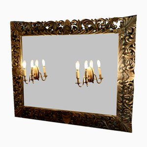 Large French Gothic Gilt Overmantel Mirror with Twin Sconces, 1890s