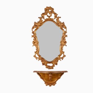 Rococo Style Mirror and Wall Console in Wood and Gold Leaf from Deknudt, Belgium, 1950s, Set of 2
