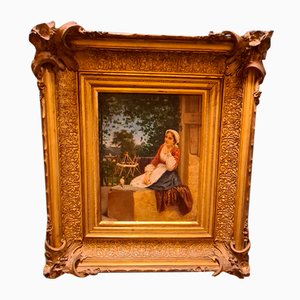 Pietro Bouvier, Young Woman Spinning, 1867, Oil on Canvas, Framed