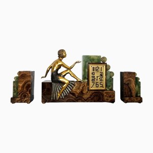 Set di orologi Art Déco di design cubista con figura di una signora in bronzo, anni '30, set di 3