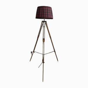 Vintage Floor Lamp with Antique Oak Tripod Frame with Brass Brackets and Handmade Red Fabric Shade from Lamplove, 1890s