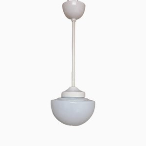 Vintage Art Deco German Ceiling Lamp with White Metal Frame and Opaque White Glass Shade, 1930s