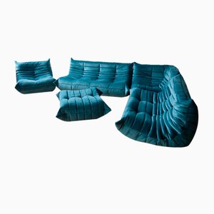 Blaues Togo Wohnzimmer aus Samt von Michel Ducaroy für Ligne Roset, 5er Set