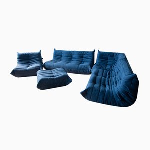 Blaues Togo Wohnzimmer aus Mikrofaser von Michel Ducaroy für Ligne Roset, 5er Set