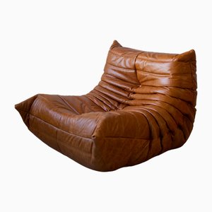 Vintage Pine Leather Togo Lounge Chair by Michel Ducaroy for Ligne Roset