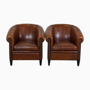 Fauteuils Club Vintage en Cuir de Mouton, Set de 2