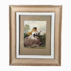 Woman in a Costume, 19th Century, Watercolor on Paper, Framed