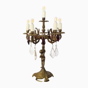 Lampada a candelabro vintage in bronzo con cristalli viola, anni '30