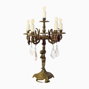 Lámpara de candelabro vintage de bronce con cristales morados, años 30