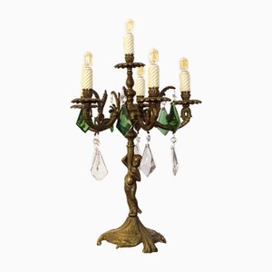 Lampada a candelabro vintage in bronzo con cristalli verdi, anni '30