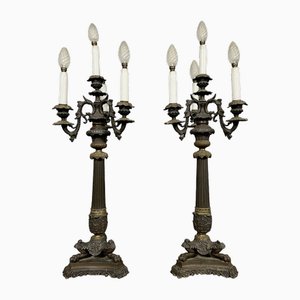 Large Empire Candleholders in Bronze and Antimony, Set of 2