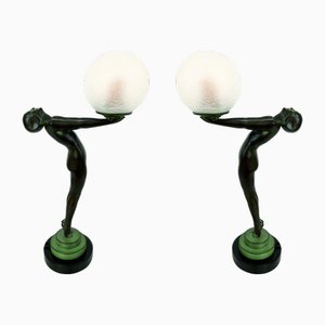 Art Deco Style Clarté Sculpture Table Lamps by Max Le Verrier, Set of 2