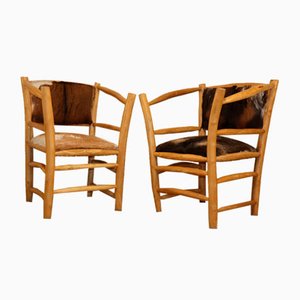 Rustic Armchairs in Wood and Cowhide, 1970s, Set of 2