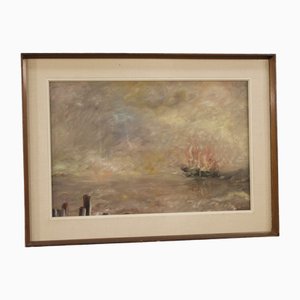 Artista italiano, Paisaje marino de estilo impresionista, 1960, Óleo sobre lienzo, Enmarcado
