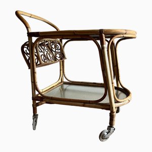 Chariot Vintage en Bambou avec 2 Étagères en Verre et Porte-Bouteille, 1960s