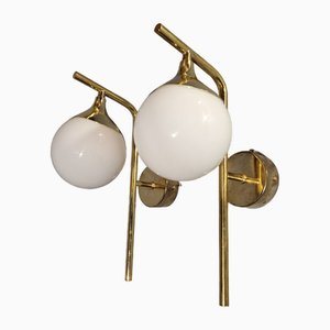 Single Sphere Wall Lamps in Brass and Glass, Set of 2