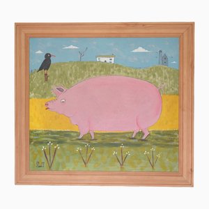 Steve Camps, Large Naive Landscape with Pig, Chough and Engine House, Acrylic on Board, 2000s, Framed