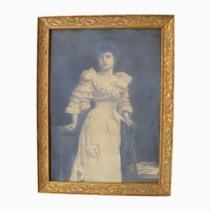 Large Art Nouveau Female Portrait, Silver Print, 1900s, Framed