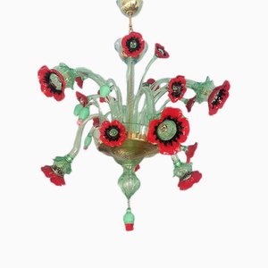 Lámpara de araña floral con amapolas rojas de Bottega Veneziana