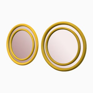 Round Mirrors in Yellow Lacquered Wood, 1970s, Set of 2
