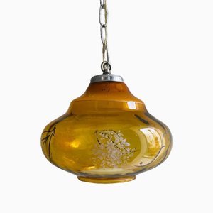 Portuguese Pear-Shaped Amber Glass Hanging Lamp, 1970s