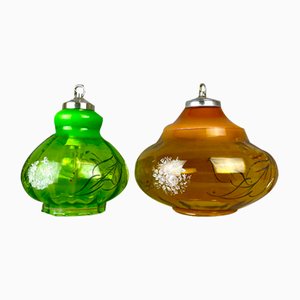 Lámparas colgantes portuguesas de vidrio verde y ámbar, años 70. Juego de 2