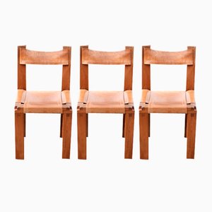 Model S11 Saddle Dining Chairs in Cognac Leather by Pierre Chapo, 1960s, Set of 3