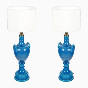 Lampes de Bureau en Faïence Vernie Bleue par Pol Chambost (1906-1983), Set de 2