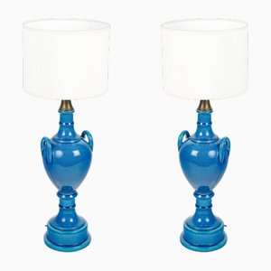 Table Lamps in Blue Glazed Earthenware by Pol Chambost (1906-1983), Set of 2