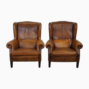 Vintage Sheep Leather Wing Chairs, Set of 2