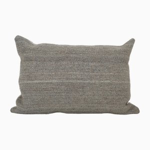 Vintage Organic Soft Wool Striped Neutral Gray Kilim Lumbar Cushion Cover