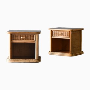 Wooden and Wicker Bedside Tables with Drawer, 1980, Set of 2