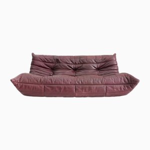 Burgundy Leather Togo 3-Seater Sofa by Michel Ducaroy for Ligne Roset, 1990s