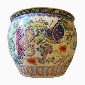 Maceta china vintage de porcelana con flores y mariposas