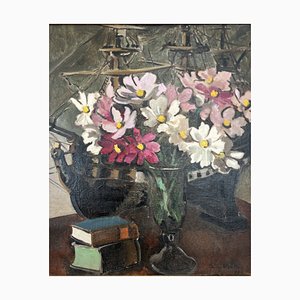 Benjamin II Vautier, Bouquet et livres, 1932, huile sur toile, encadré