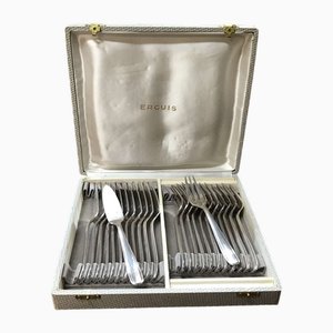 Tenedores y cuchillos para pescado estilo Art Déco vintage de metal plateado de la marca Ercuis, años 30. Juego de 24
