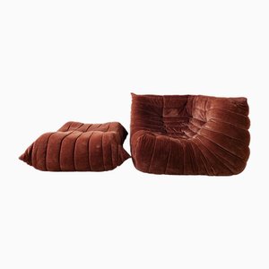 Set of Vintage Togo Sofa Set in Cognan Brown Velvet by Michel Ducaroy for Ligne Roset, 1970s