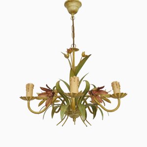 5-Light Chandelier in Painted Metal with Flowers and Foliage, 1980s