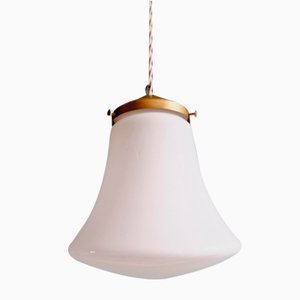 Lámpara colgante vintage en forma de campana de vidrio opalino blanco