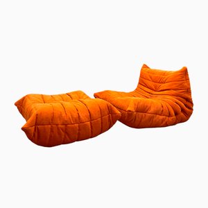 Vintage Togo 1-Seater Sofa from Ligne Roset with Footstool in Orange Fabric, Set of 2