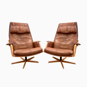 Mid-Century Scandinavian Oak & Leather Swivel Chairs from Gote Møbler, 1970s, Set of 2