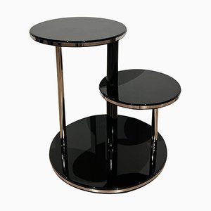 Art Deco Round Side Table in Black Lacquer, Chrome & Metal Trims, France, 1930s