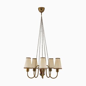 Swedish Modern Chandelier in Brass and Wood, 1940s